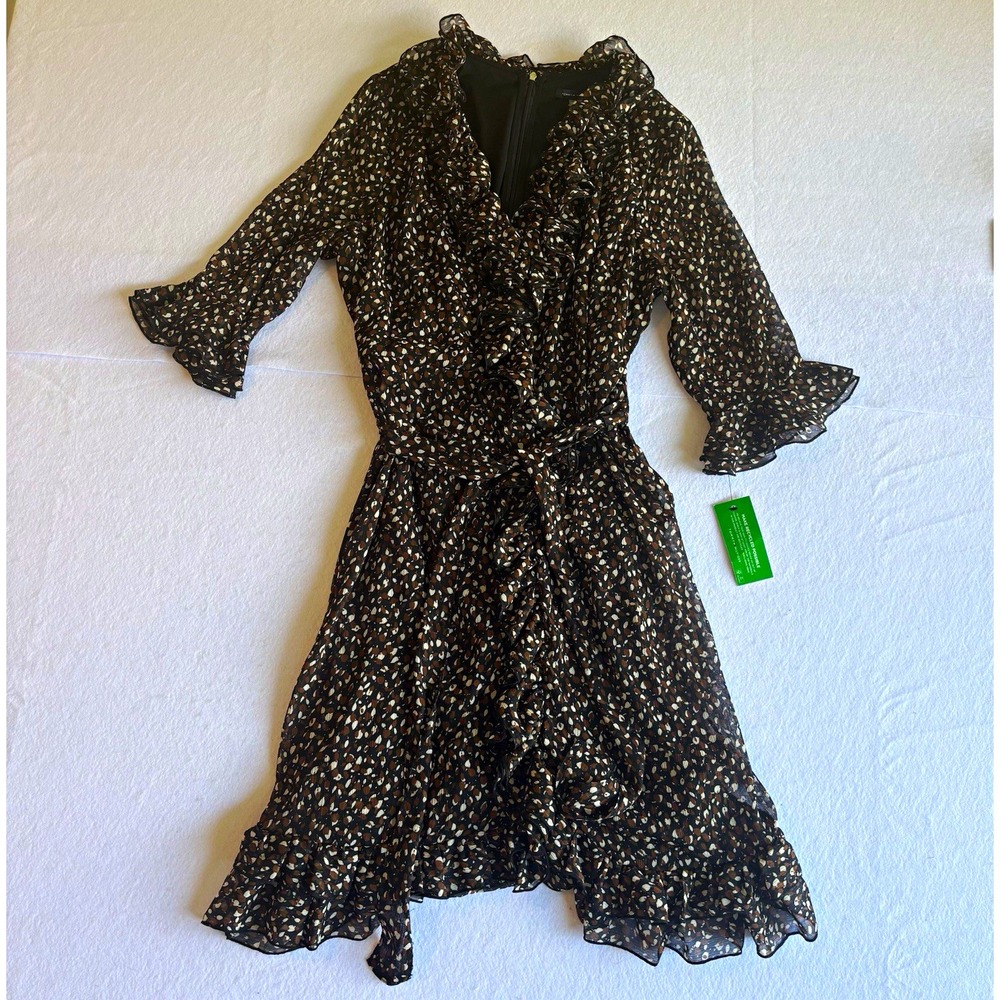 Tommy Hilfiger Floral Dress Womens 12 Black Brown Midi Ruffle Sleeve Boho NWT